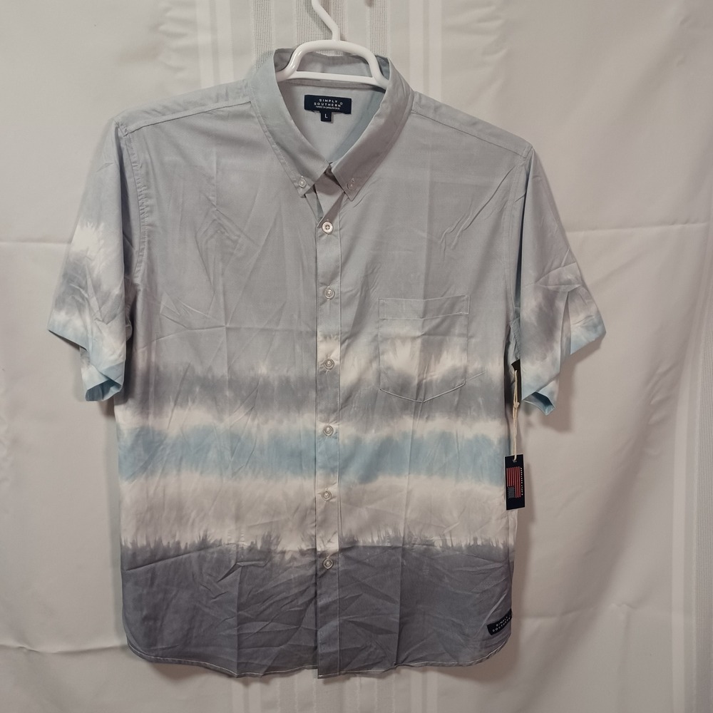 Simply Southern Button Down Shirt Mens L Blue Tie Dye Stripe Short Sleeve NWT